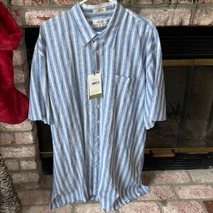 NWT Cutter & Buck Men's Linen‎ Blend Striped Button Down Short Sleeve Shirt  XLT
